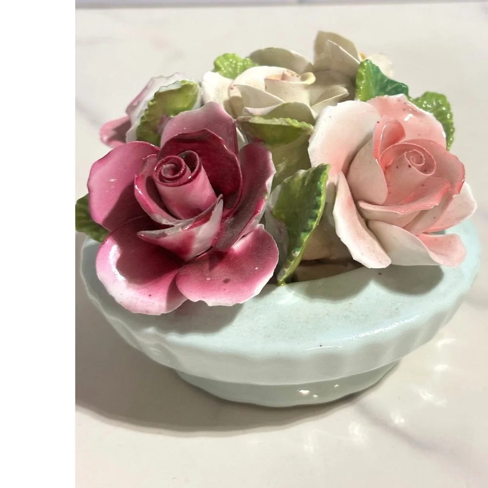 Vintage Porcelain Rose Floral Cluster Figurine Pink Yellow Burgundy Bouquet